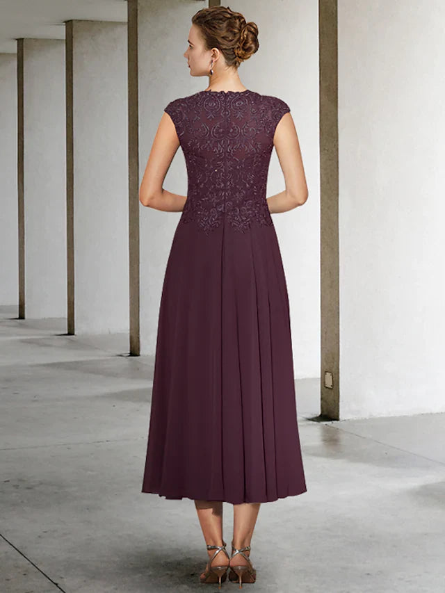 Wholesale A-Line Mother of the Bride Dress Elegant Jewel Neck Ankle Length Chiffon Lace Sleeveless with Pleats Appliques